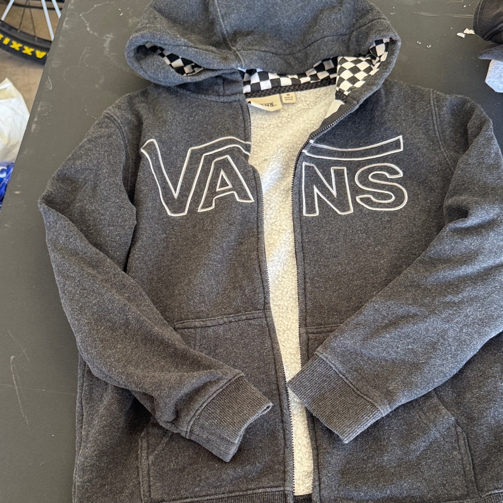 Vans Youth Charcoal Gray Zip Hoodie with Checkerboard Hood Lining